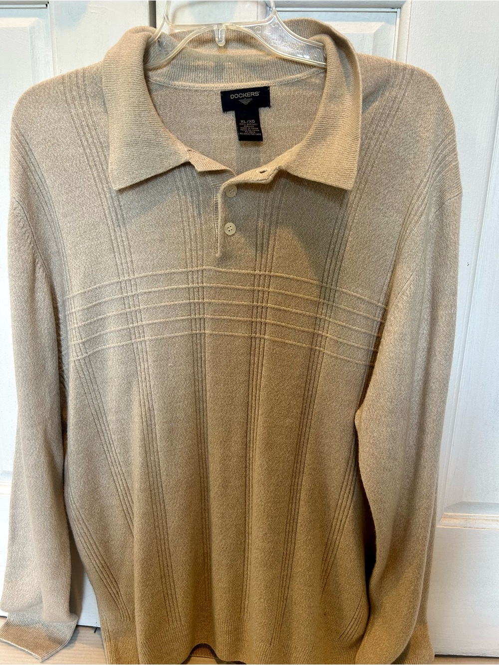 Dockers Men's Beige Crewneck Polo Sweater with Subtle Stripe Texture